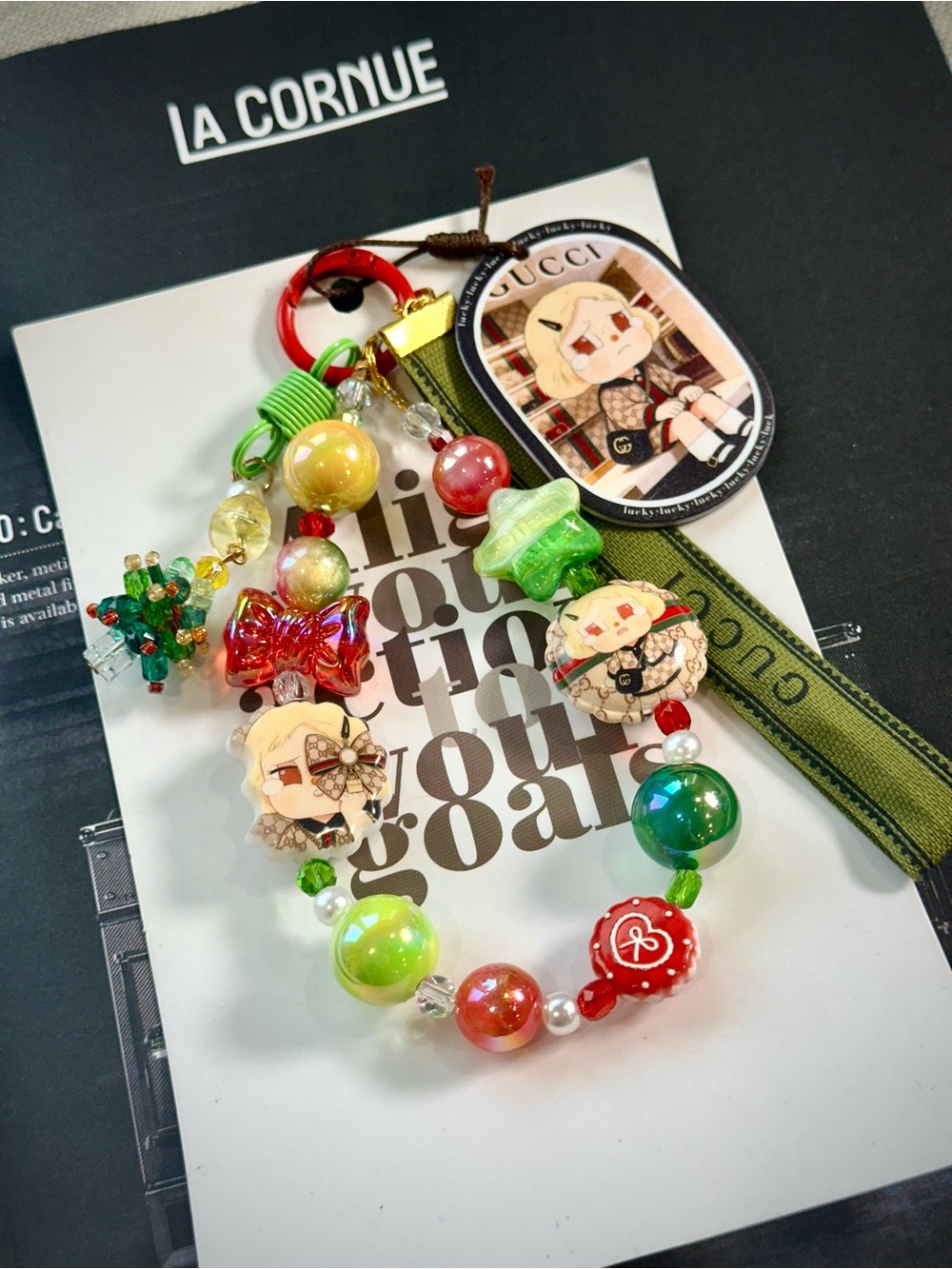 Authentic GG Ribbon&Christmas tree Charm with Character Tags & Red/green beads